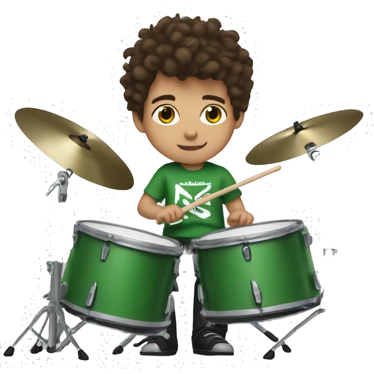 Kid with brown hair playing drums wearing a green day shirt emoji