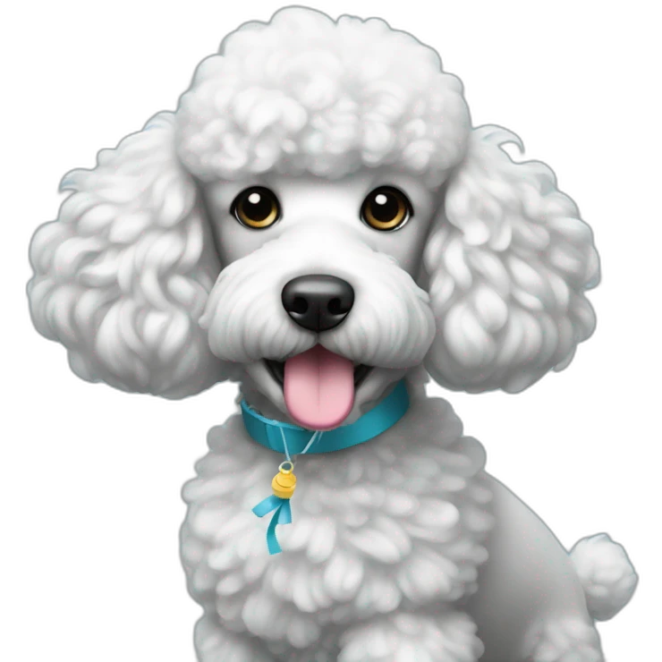 Black and white, poodle, with balloon that says MAY emoji