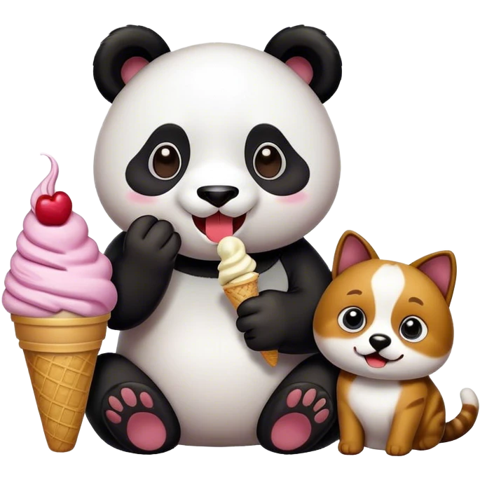 Panda eating ice cream + A happy cat emoji + A cool dog emoji emoji