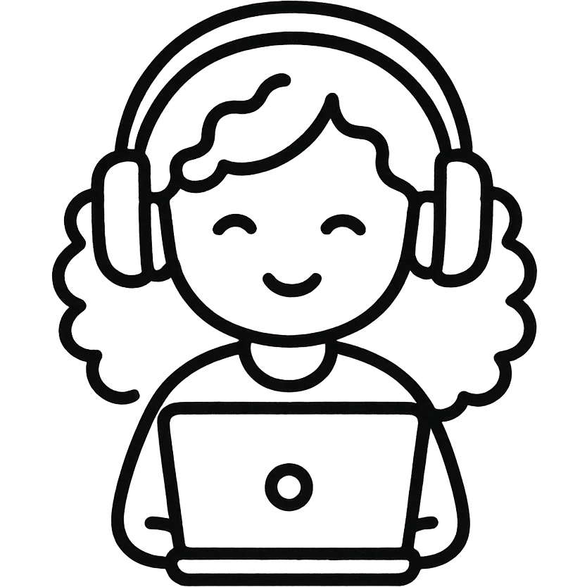 hand drawn outline icon of a curly hair girl with headphones and a laptop emoji