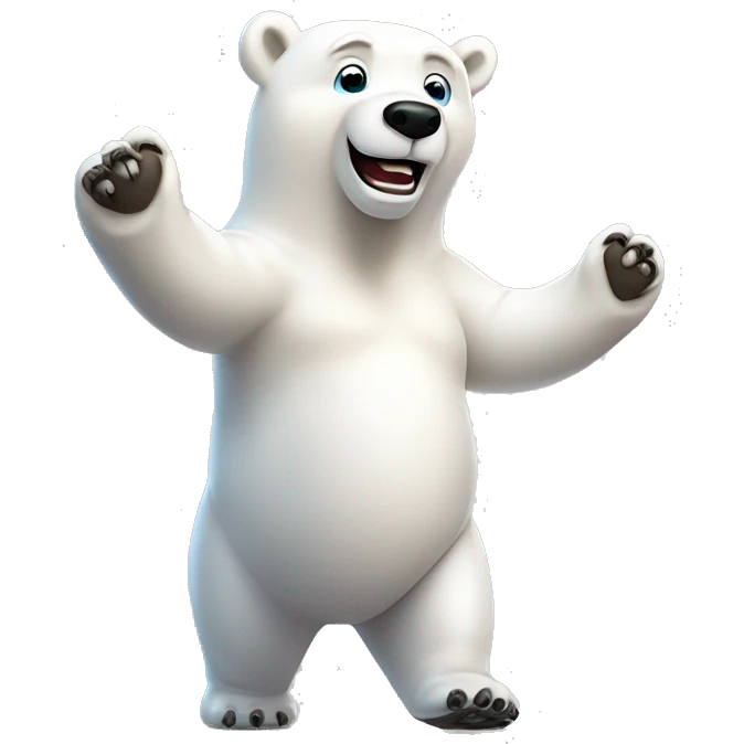 3D cartoon polar bear character, small body with big head, plain background, joyful pose. –ar 3:4 –v 6.1 emoji