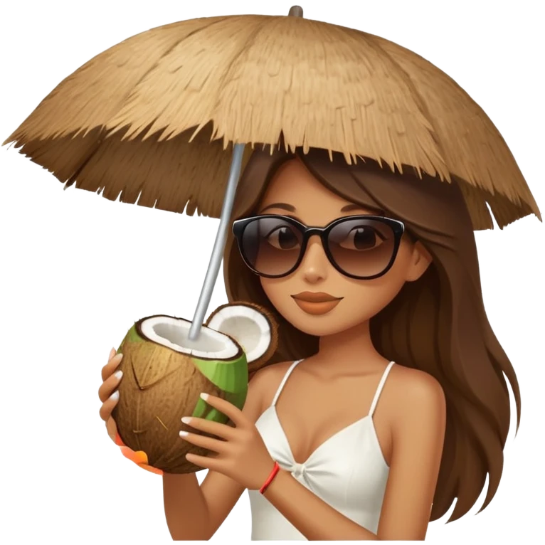 Girl with long brown hair wearing sunglasses and sipping from a coconut elegant sand and white aesthetic umbrella  emoji