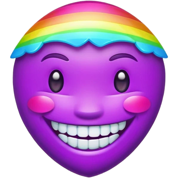 purple circular emoji head not attached to a neck, smiling with colorful neon rainbow diamond teeth emoji