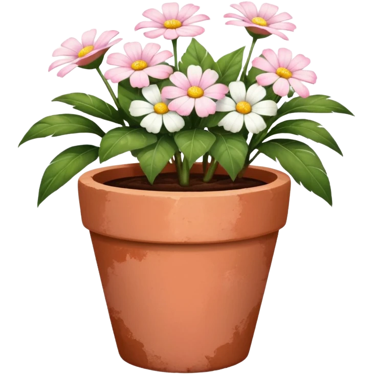 plant pot in terra cota with white and pink flowers print painted emoji