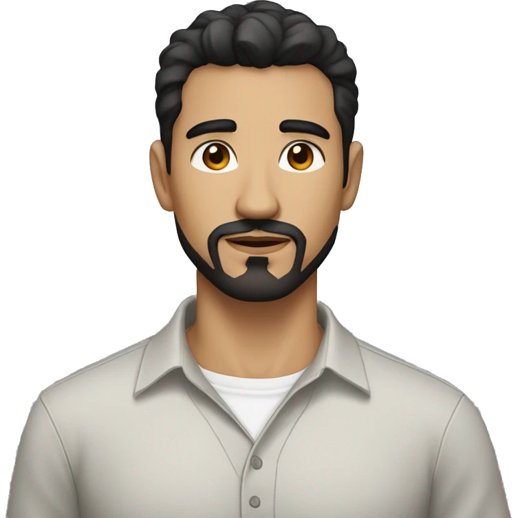confident man, black hair, disconnected black goatee, white skin, brown eyes, wearing a light gray shirt emoji