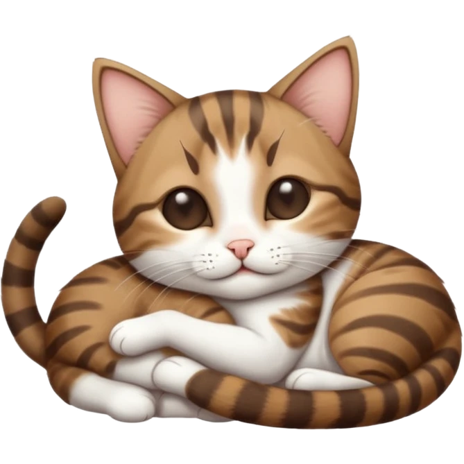 dark brown tabby and white small cat in funny positions upside down with eyes closed emoji