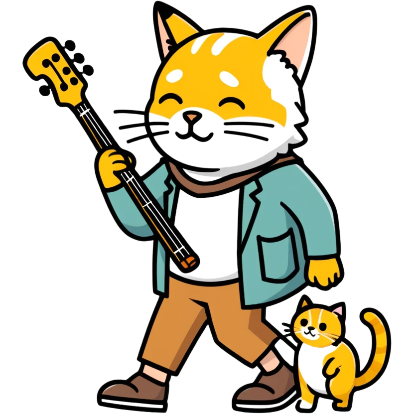  old blind man and his walking stick and guitar ￼ with golden cat  emoji