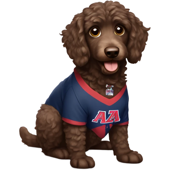 Chocolate Aussie doodle wearing a University of Arizona T-Shirt emoji