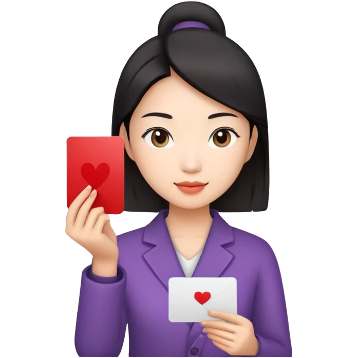 asian woman holding a card in one hand emoji