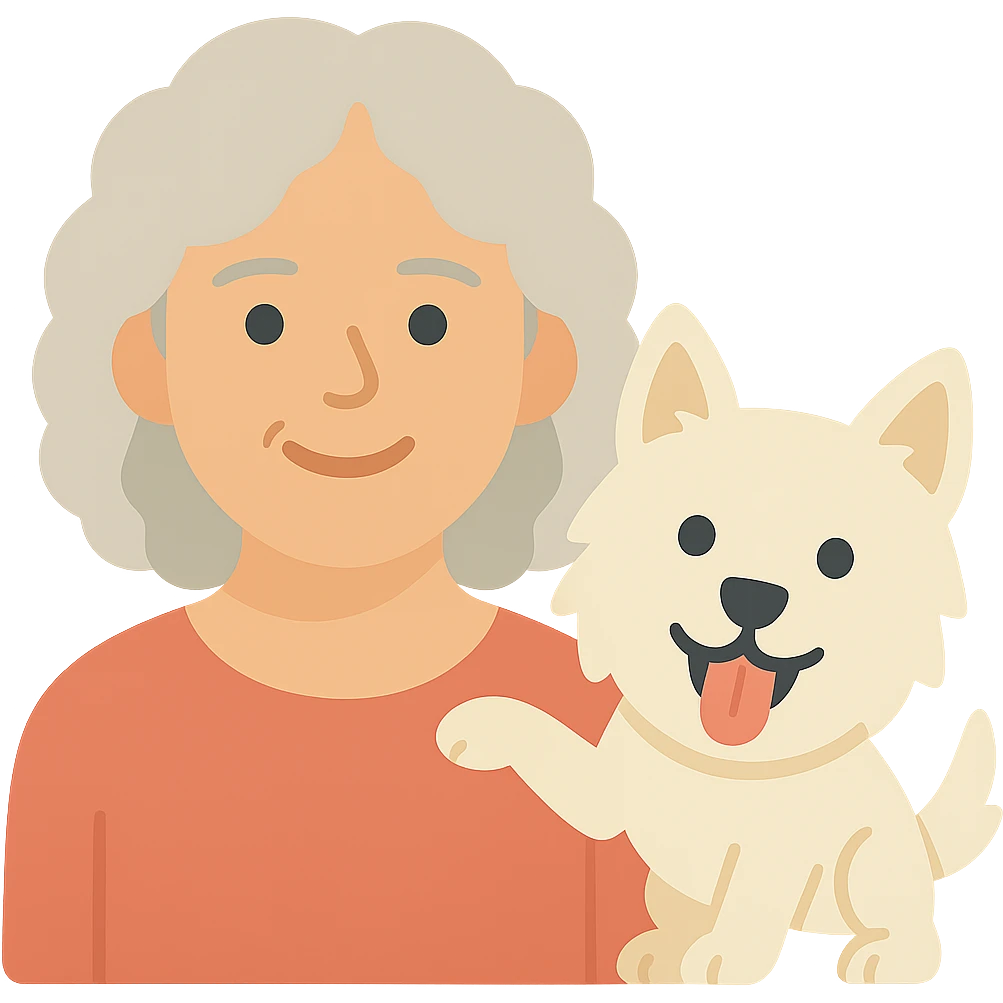 Make the Westie dog playful, with an energetic pose or playful expression, keep the 50-year-old lady with silver curly hair smiling emoji