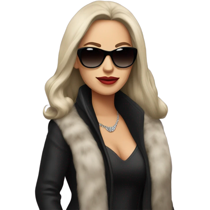 Beautiful long hair brunette mob wife with fur coat, black shirt and sunglasses emoji