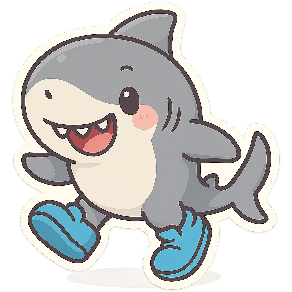 fun and clear style shark wearing blue shoes, playful and bright emoji