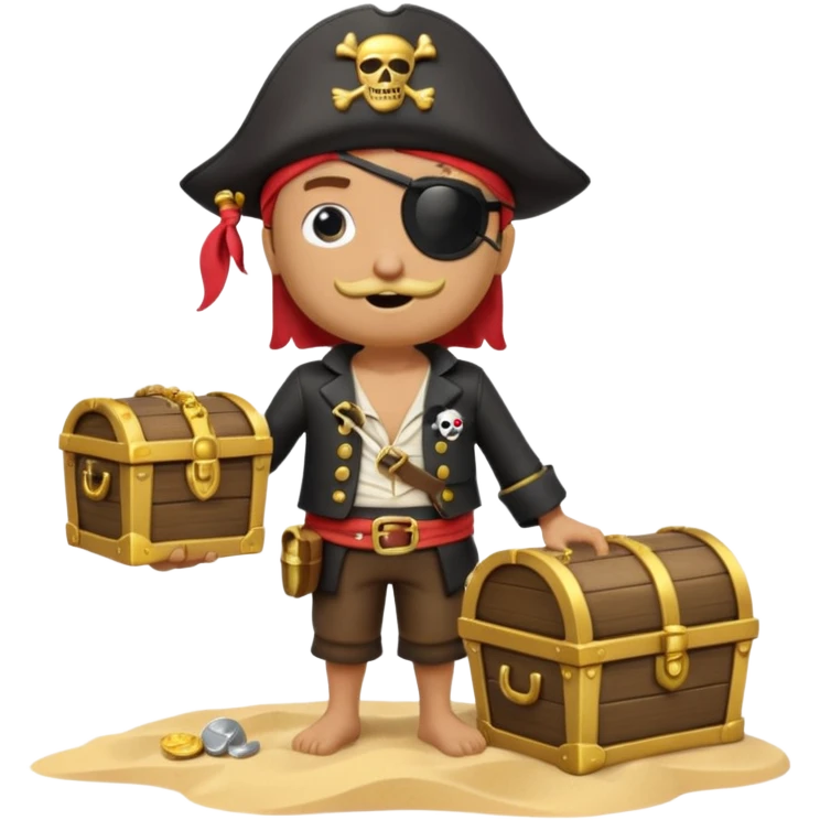 A 3D cartoon pirate with one eye covered by a black eye patch, holding a treasure chest of gold, wearing a hat, standing on sand, Memoji-style. emoji