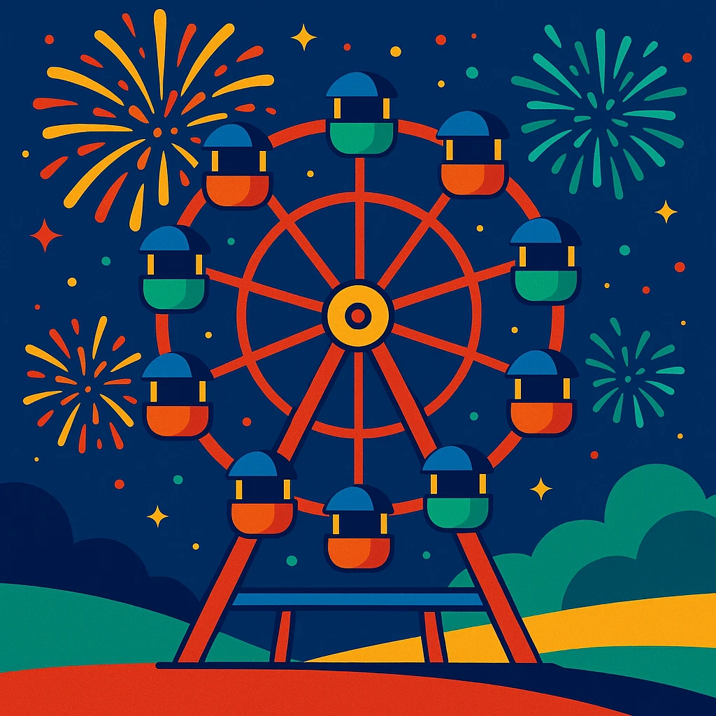 ferris wheel with fireworks, vibrant and festive emoji