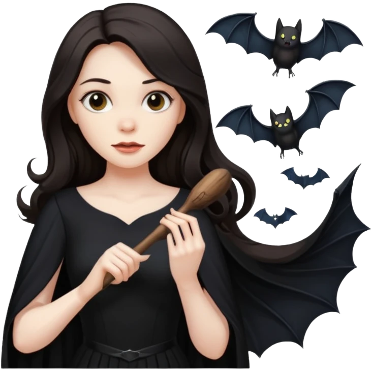 woman with long dark hair with a bat flying nearby emoji