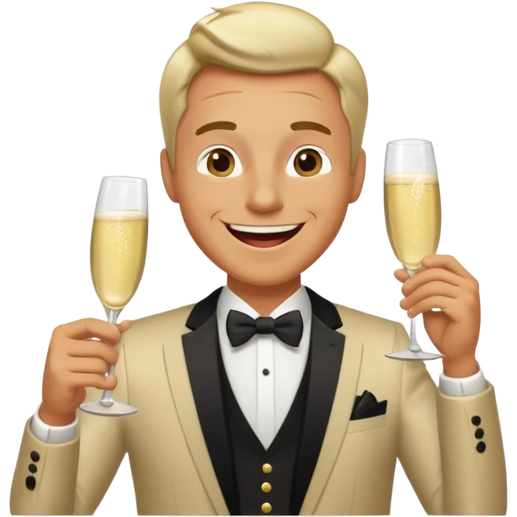 A happy man in party clothes laughs while drinking champagne straight from the glass. emoji