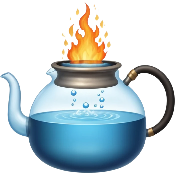  a small pot or kettle filled with water placed on fire, the water is boiling intensely with visible steam and bubbles rising, bright lighting, clean white background emoji