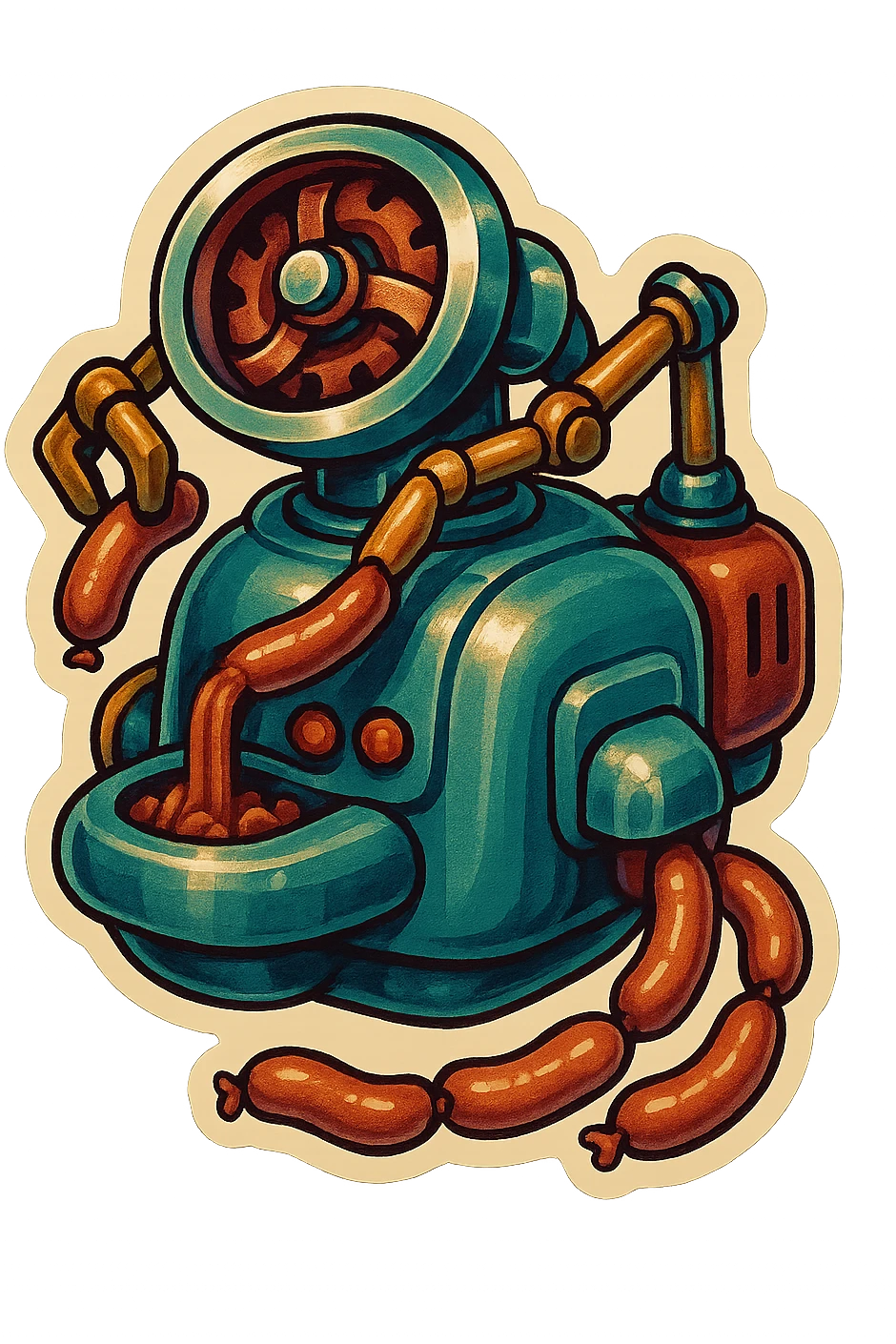sausage-processing droid. retro-futuristic style. top is a large circular industrial grinder rotating gears and blades. Two robotic arms feed material into grinder. Sausage links extrude from the rear like  factory. The body is metallic, compact, and floats above the ground.no legs. Dark humor emoji