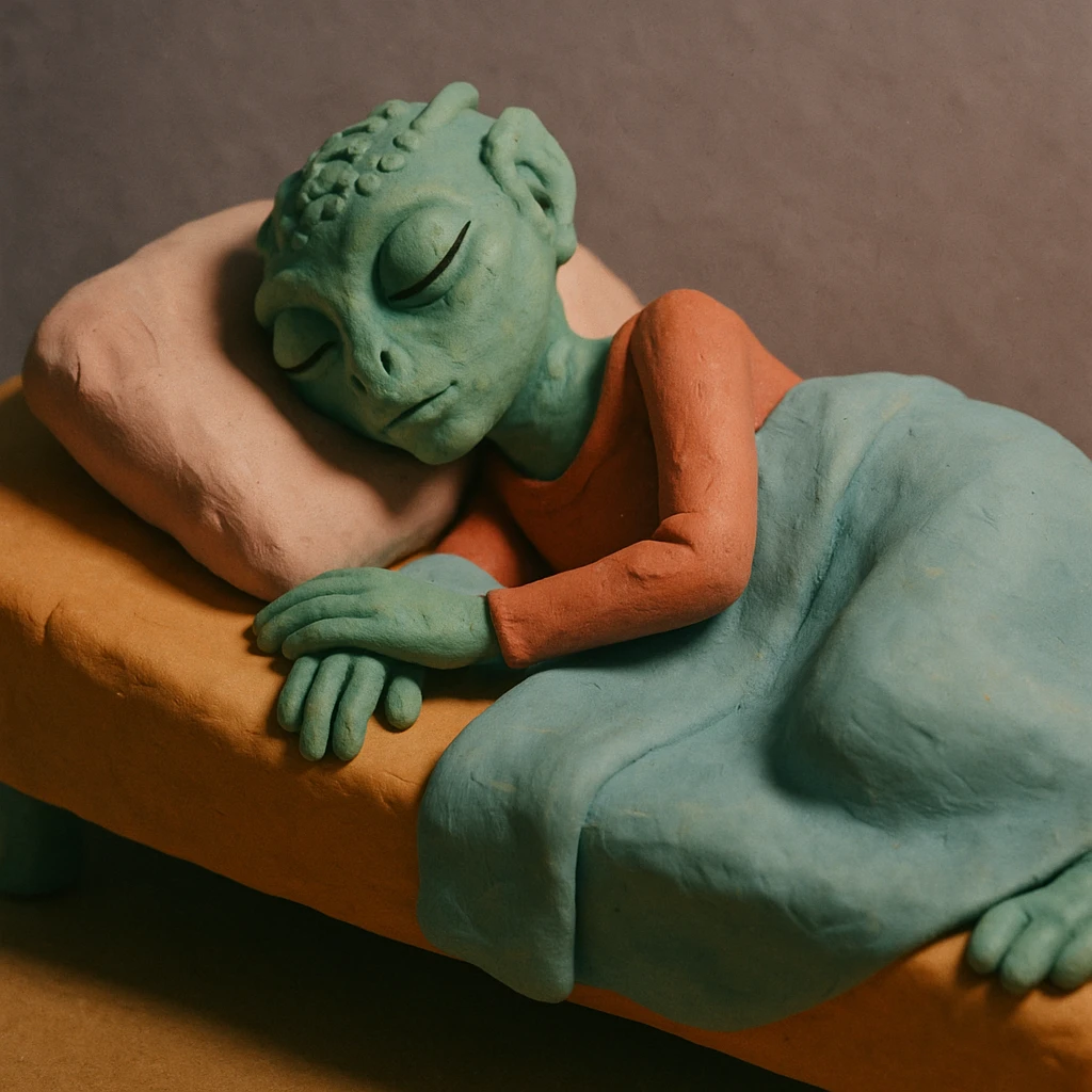 a Reptilian alien woman, full body, sleeping, creative interpretation, claymation style, imaginative emoji