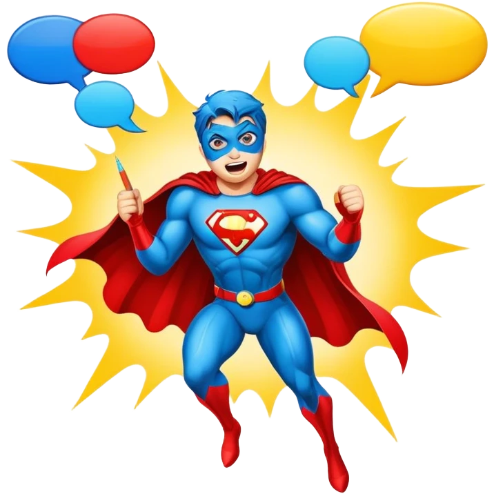 Create a vibrant and dynamic emoji representing comic books and graphic novels as an art form. The design should feature a comic book page with panels and speech bubbles, showcasing bold lines and vibrant colors. Include elements like a pencil or pen, as well as a superhero icon or an action scene to symbolize storytelling through visuals. Use bright, energetic colors like red, blue, and yellow to convey excitement and creativity. The overall design should feel playful, creative, and artistic. Make the background transparent. emoji