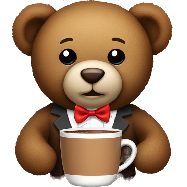 Teddy bear with a bow tie holding hot chocolate emoji