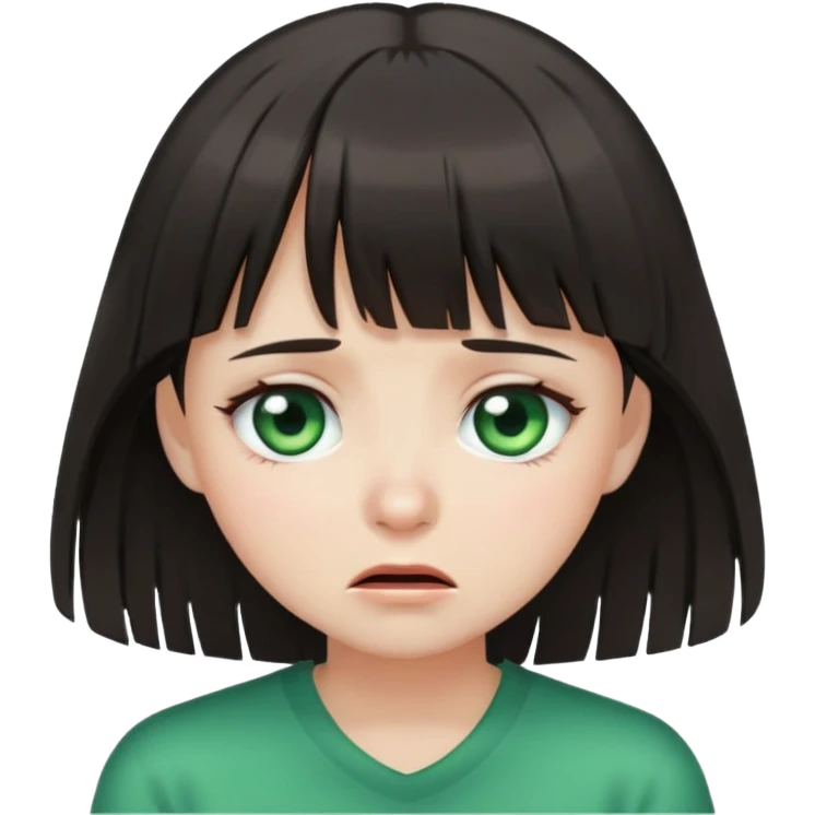 Girl with wispy bangs, dark hair, white skin and green eyes, crying emoji