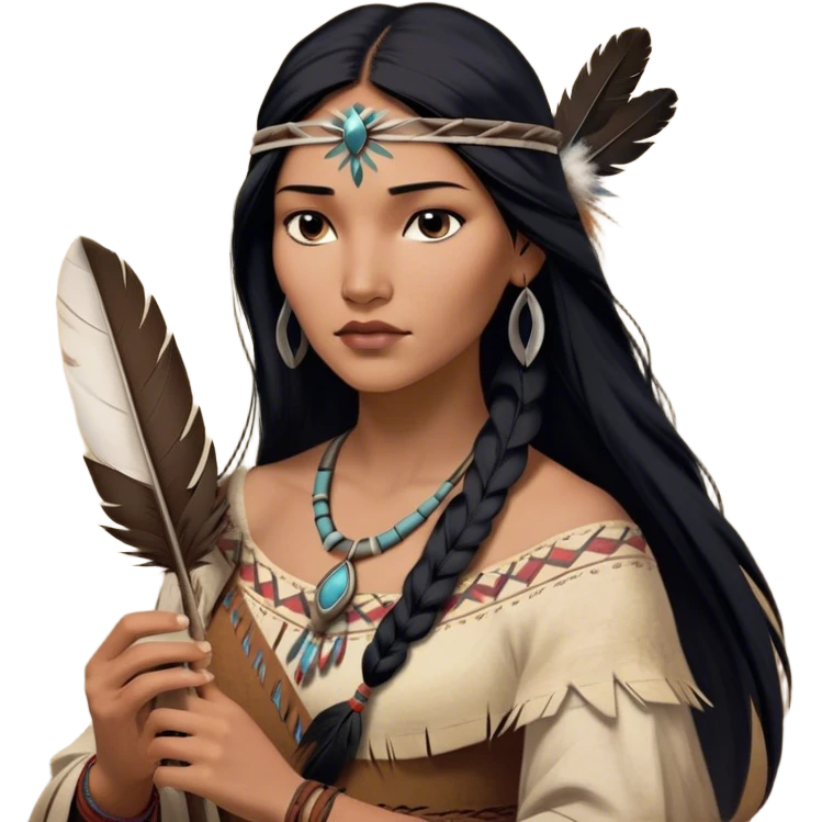 Cinematic Realistic Pocahontas Portrait, depicted with lifelike skin texture, soft natural lighting, and intricately detailed long, flowing raven-black hair that moves gracefully in the wind. Her deep, soulful dark brown eyes exude wisdom and strength, complemented by a serene yet powerful expression. She is shown gently holding a feather in one hand, her other hand resting lightly at her side, embodying the harmonious balance between nature and herself. She is dressed in her classic one-shoulder native American dress, with rich fabric textures and delicate beaded details that catch the light beautifully. The portrait features a soft, sun-kissed glow with a natural, radiant finish, capturing the essence of untamed beauty and deep connection to nature in a realistic and painterly style, evoking a sense of depth and authenticity. emoji
