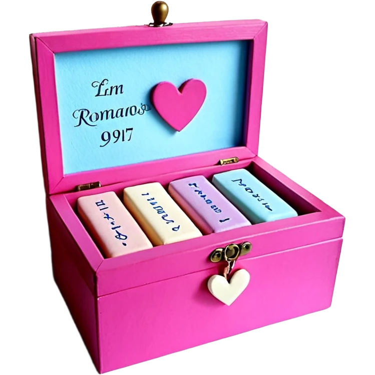 Una cajita rosa pastel con detalles fucsia, un recuadro crema con letras fucsias (Declaraciones de Fe – Exitosas con Dios – Romanos 4:17), corazones decorativos con palabras y un corazón azul con el número 99 arriba. emoji