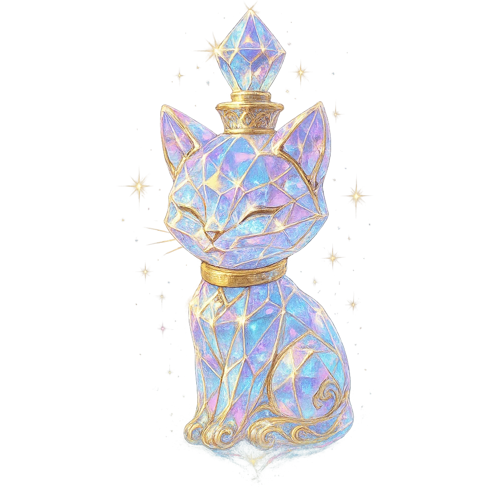 crystal luxurious elixir bottle in the shape of a kitten, pastel gradient, lots of shine, edges, ornaments, golden details, magical effects, very small golden collar, transparent background, beautiful merging base, clearly floating in the air, no base or shadow, very luxurious, playful, fitting a collection emoji