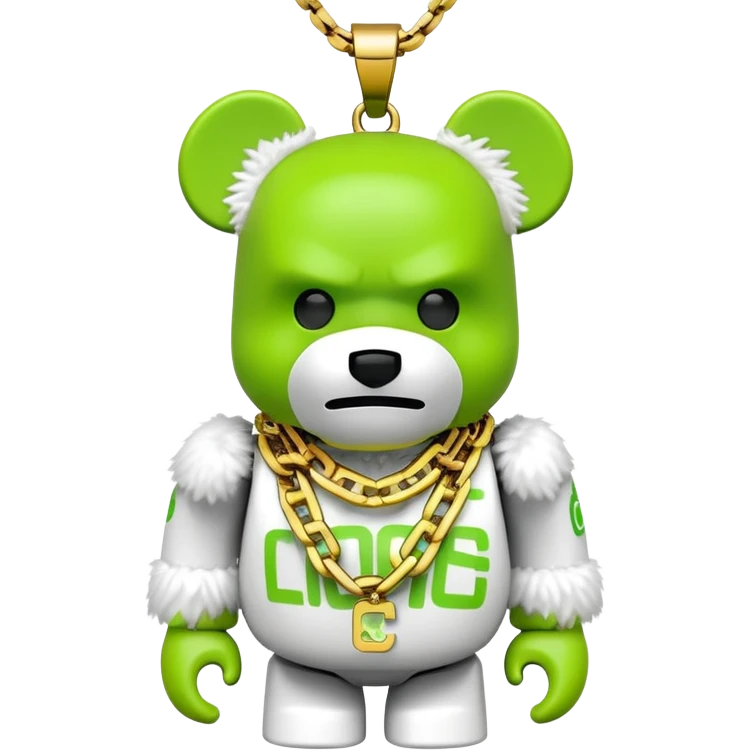 classic bearbrick figure with lime green mask covered in chaotic brand logos, wearing several large gold chains, gold pendant, rapper style accessories, expressive eyebrows emoji
