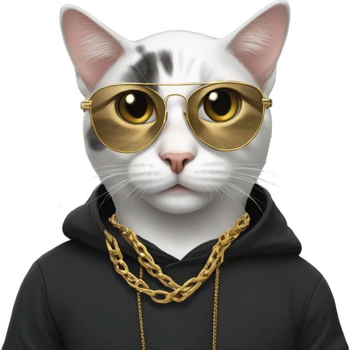 Create a cat wearing a black hoodie, with aviator glasses and a gold chain  emoji