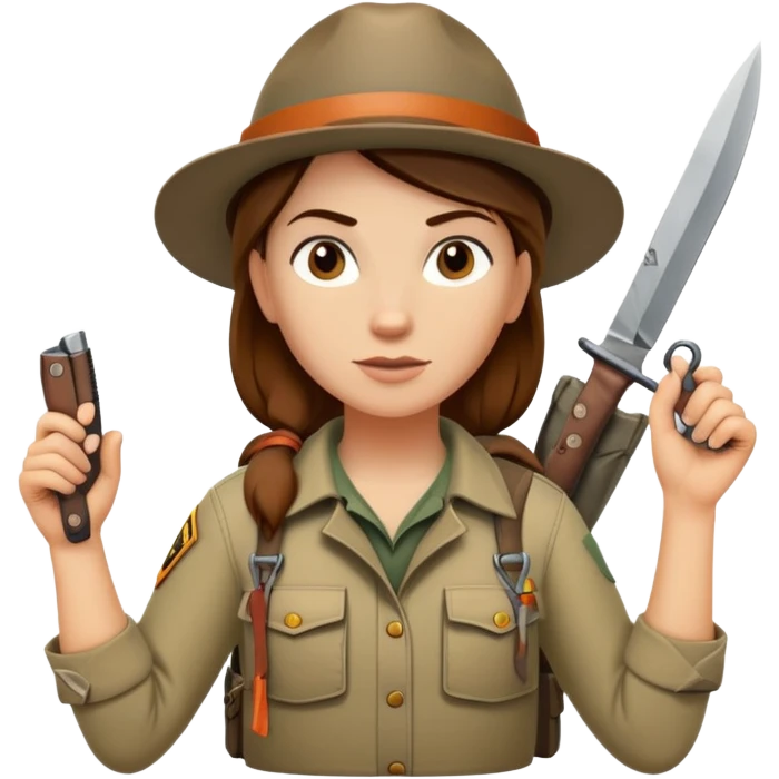 Female wilderness explorer Melissa Backwoods holding a survival knife emoji