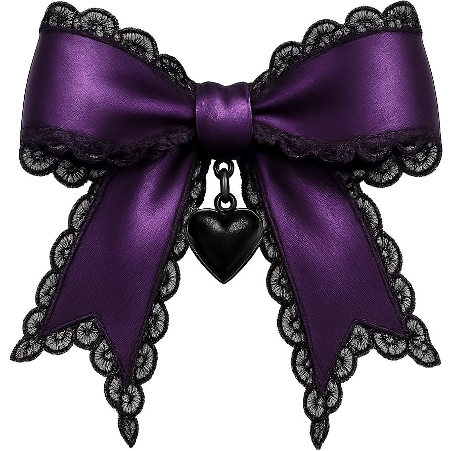 Purple gothic bow with black lace trim and heart charm, remove background emoji