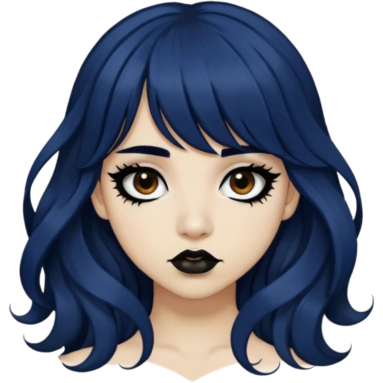 alternative / emo hispanic girl with very long dark blue wavy hair, bangs, BROWN LIPS, long black eyeliner, long eyelashes, and BLACK eyes  emoji