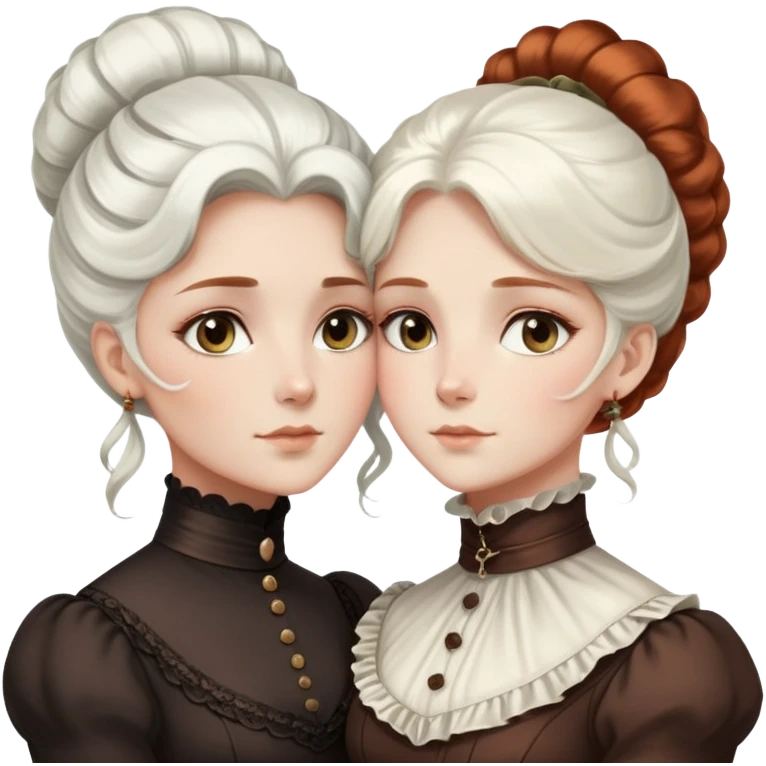 Two Victorian women with light eyes hugging closely, one with elegant white coiffed hair and one with dark copper coiffed hair, both wearing high-necked Victorian turtleneck dresses emoji