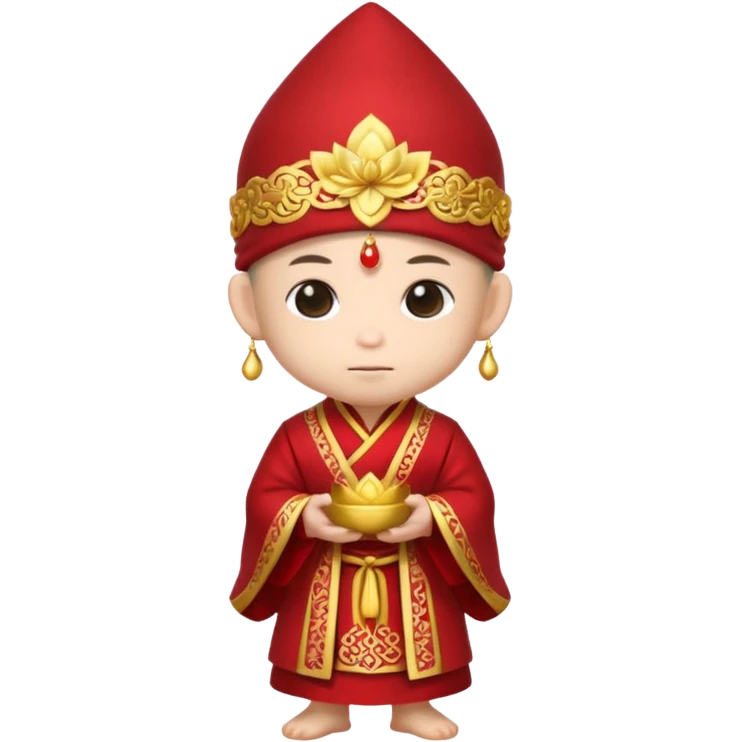 A small chibi-style monk character with red ceremonial robe with layered fabric and decorative gold-like patterns and an ornate red monk hat shaped like lotus petals.

 emoji