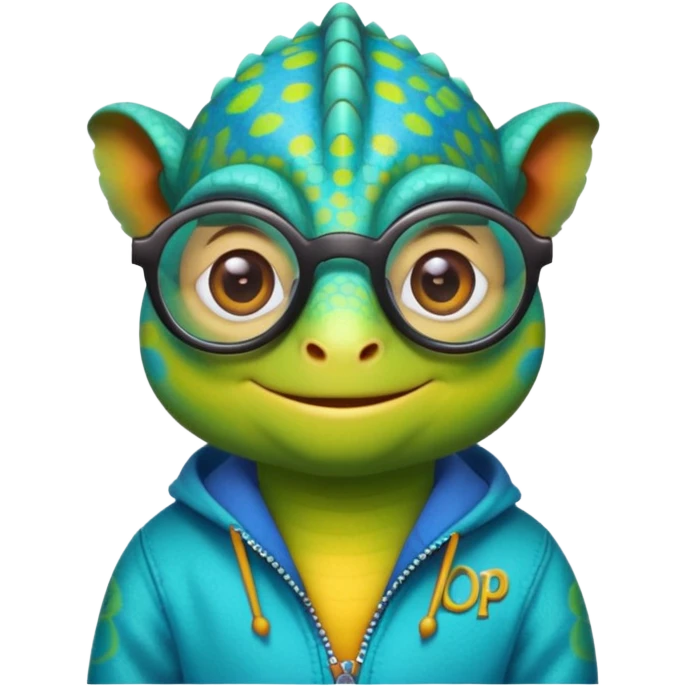 un camaleon de emoji y tierno con colores brillantes no tan verde  con unos lentes puestos, y ropa de bad boy donde tiene escrito "DOPI" y muy sonriente emoji