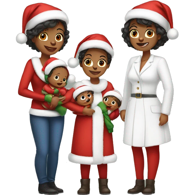Woman with two babies, a son and a daughter and they are all wearing Christmas outfits emoji
