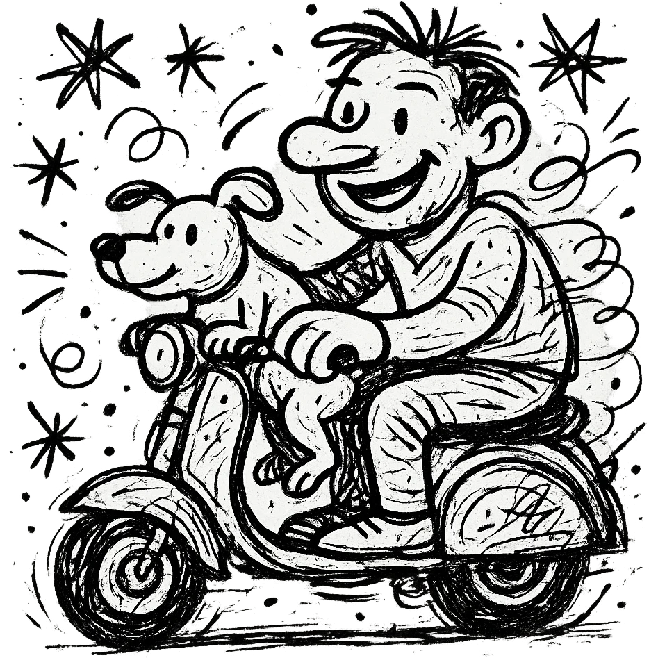 man and his pet dog riding a vespa emoji