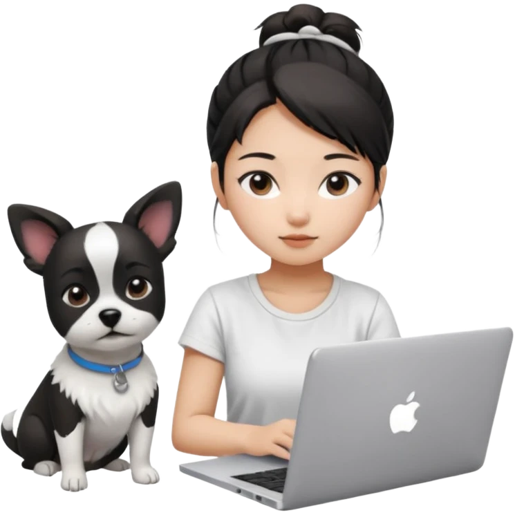 Asian girl with messy bun hair, wearing a white t-shirt, working on an Apple laptop, next to her is a small black and white dog emoji