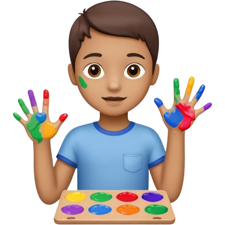Kid with finger-painted hands and body, palette emoji