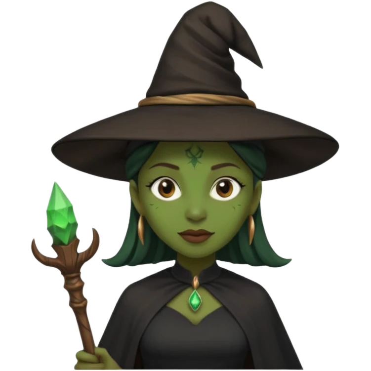 ведьма-африканка с зеленой кожей с широким носом просто в черном платье и черной ведьминской шляпе с посохом по талию emoji