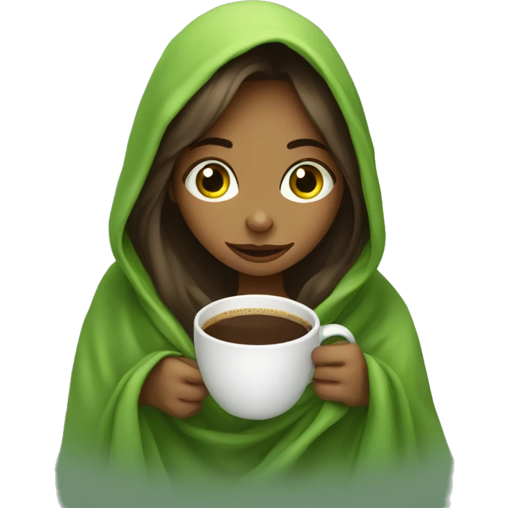 girl inside a blanket sipping coffee ,eyes green emoji