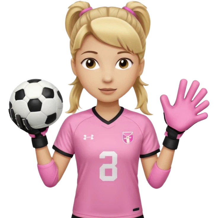 Make a dirty blonde football goalkeeper with goalkeeper gloves on holding a regular football. NOT AN AMERICAN FOOTBALK BALL. The girl is light skinned and wearing a light pink football. Wearing a ponytail with the dirty blonde. Make it without the whole body emoji