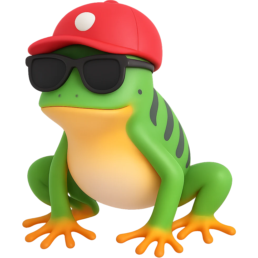 Tiny tropic frog wearing a baseball cap and sunglasses, 3d emoji style emoji