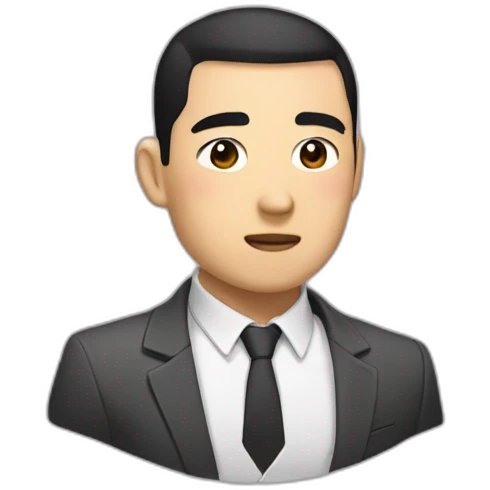 Asian, thick eyebrows, Buzz cut, emotionless, suit emoji