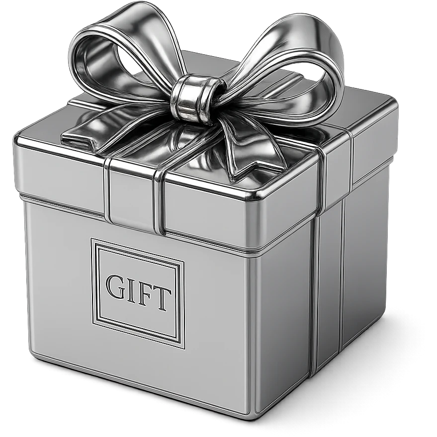 chrome style gift box with a metallic bow on top, highly reflective and polished emoji