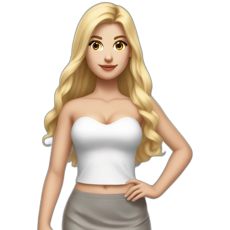 hyperrealistic caucasian long blonde hair brown perfect eyes woman white v-neck strapless top gray tight mini skirt walking towards camera emoji