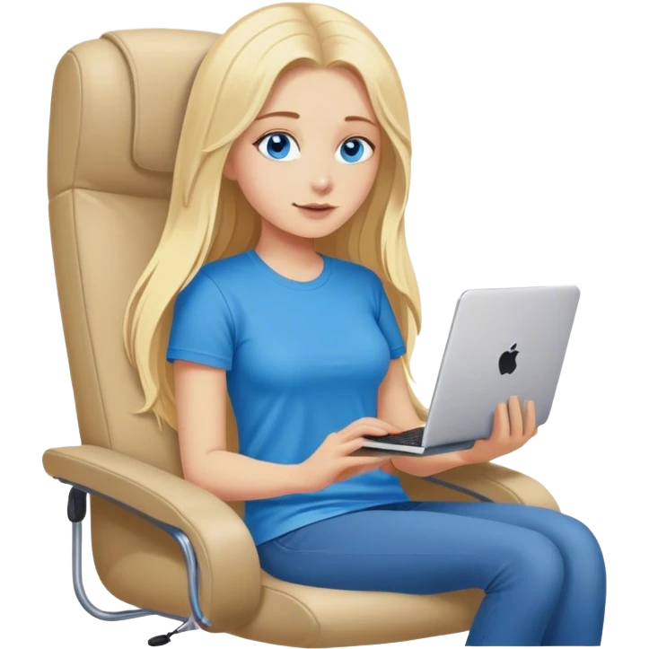 Cinematic realistic blonde with long hair, blue eyes, dressed in a T-shirt, sits in an easy chair with a computer on her lap, in a cozy atmosphere emoji