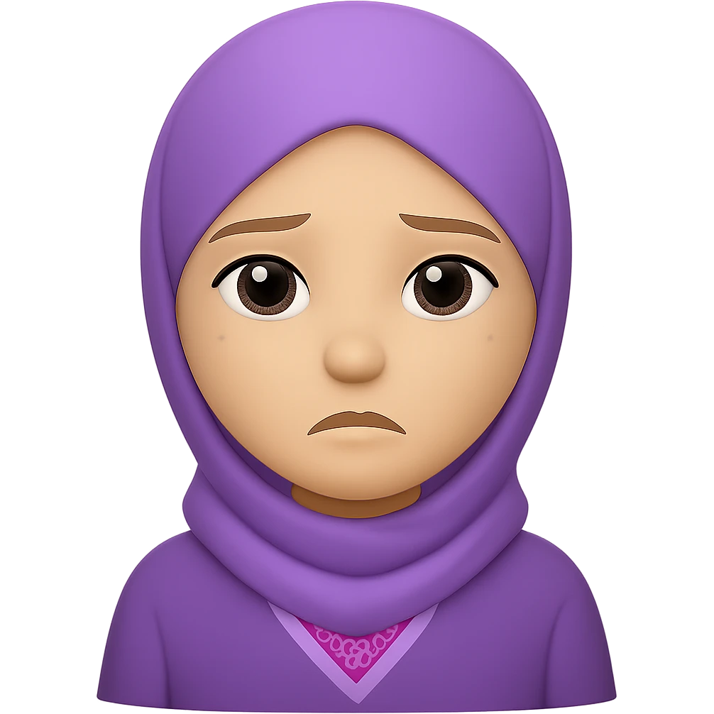 Remove the bandana and change the white clothes to a different color, keep the lilac elements and sad face, in the style of emoji (apple style emojis). emoji